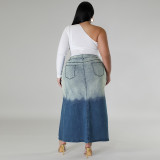 Plus Size Gradient Slit Midi Slim Denim Skirt