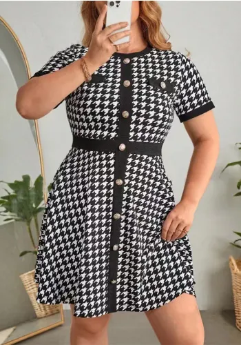 Houndstooth Print Button Short Sleeve Plus Size Dress