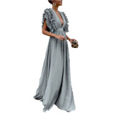 Sexy Plunge Neck Ruffle Sleeve Maxi Dress