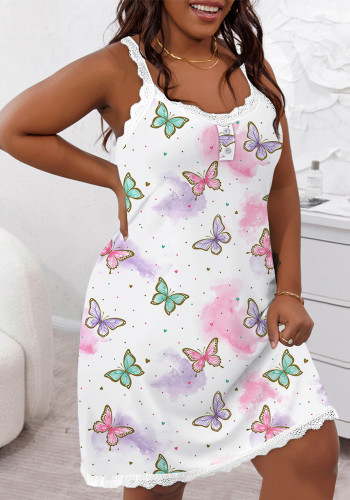 Butterfly Print Lace Trim Straps Plus Size Dress