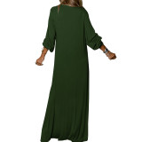 Plus Size Solid Long Sleeve V-Neck Slit Loose Maxi Dress
