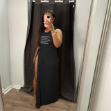 Printed Hollow Cross Sleeveless Slit Maxi Dress