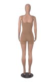 Sleeveless Square Neck Ribbed Low Back Solid Sports Rompers