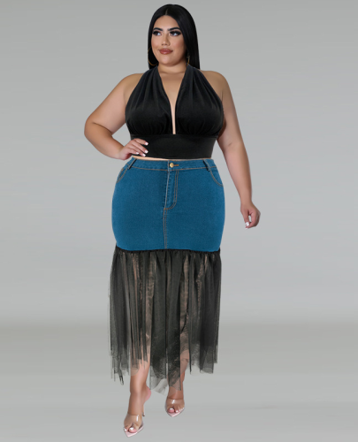 Plus Size Denim Mesh Patchwork Long Fashion Skirt