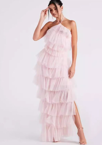 Sexy Pink Halter Layered Maxi Dress