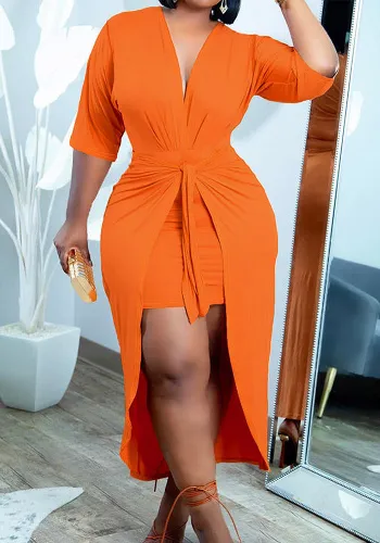 Plus Size Solid V-Neck Half Sleeve Sexy Dress