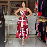 Red Rose Printed Chic Elegant Swing Dress