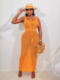Drawstring Hollow Out Knitting Beach Maxi Dress