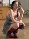Leopard V-neck Mesh Patchwork Lace Trim Ruffle Cami Dress