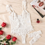 Sexy Lingerie Floral Lace Sexy Hollow See-Through Bodysuit Three Piece Set