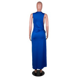 Printed Hollow Cross Sleeveless Slit Maxi Dress