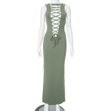 Sexy Solid Lace-Up Two Way Hollow Long Dress