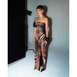Sexy Printed Strapless Low Back Slit Lace-Up Maxi Dress