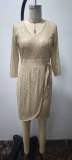 Sequin V-Neck 3/4 Sleeve Tie Waist Casual Dress