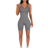Solid Ribbed Knitting U-Neck Sleeveless Rompers