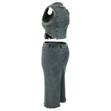 Plus Size Denim 2 Piece Skirt Set Zipper Vest and Slit Long Skirt