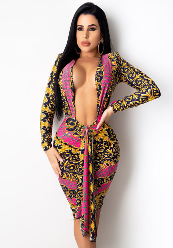 Fashion Printed Sexy Plunge Neck Long Sleeve Slinky Dress