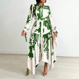 Chic Print Turndown Collar Long Sleeve Belted Irregular Shirt Dress