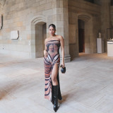 Sexy Printed Strapless Low Back Slit Lace-Up Maxi Dress