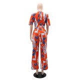 Printed Short Sleeve Tie Waist Wide Leg Jumpsuit