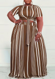 Striped Plus Size Printed Short Sleeve Crop Top Two Piece Skirt Set