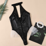 Sexy Black PU Leather Mesh Patchwork Lace-Up Tight Bodysuit Teddy Lingerie