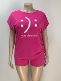 Hot Pink Drawstring Printed T-Shirt Top Plus Size 2PCS Shorts Set