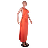 Printed Hollow Cross Sleeveless Slit Maxi Dress