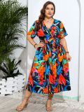 Plus Size V-Neck Floral Print Resort Beach Loose Long Dress