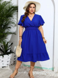 Chic Slim Waist V Neck Blue Flutter Sleeve Plus Size Casual Dress