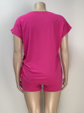 Hot Pink Drawstring Printed T-Shirt Top Plus Size 2PCS Shorts Set