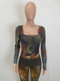 Sexy Mesh Print Square Neck Long Sleeve Jumpsuit