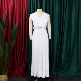 Sexy Solid Sleeveless Ruffle Pleated Maxi Dress with Belt
