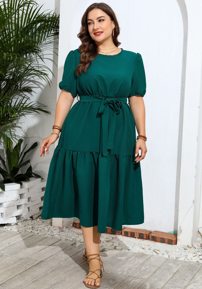 Dark Green Short Sleeve Tie Waist Casual Plus Size Dress