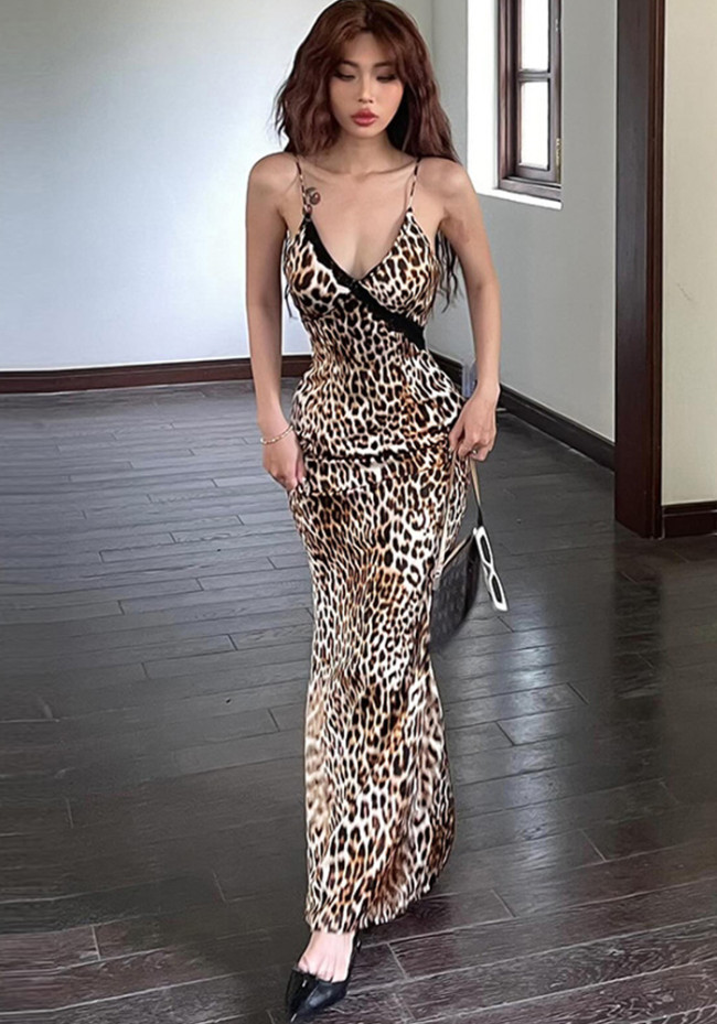 Sexy Straps V-neck Leopard Print Backless Long Dress