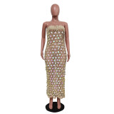Knitting Strapless Sequined Hollow Out Long Beach Dress