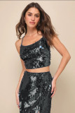 Sequin Lace Up Trap Top Long Skirt Sexy Party Two Piece Set
