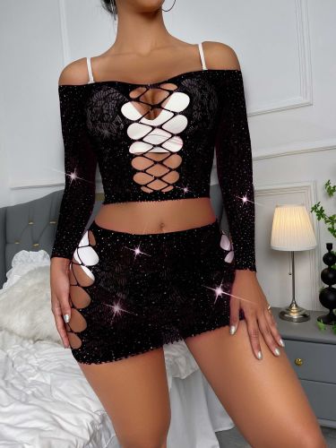 Rhinestone Shiny Sexy Lingerie Off Shoulder Hollow Two Piece Skirt Set