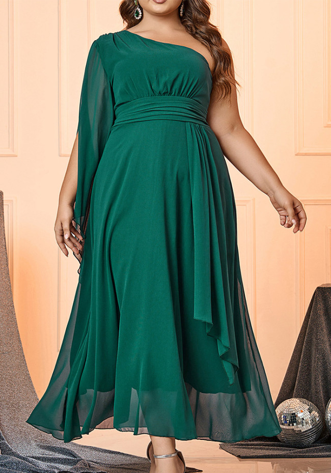 Green Chiffon Slash Shoulder Plus Size Long Party Dress