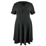 Black Lace Trim Short Sleeve Plus Size Dress