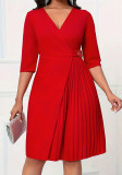 Red Half Sleeve V-Neck Pleated Midi Dress
