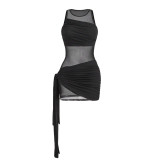 Sexy Black Sleeveless Irregular Mesh Patchwork See-Through Club Dress