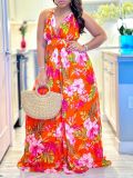 Chic V-Neck Strap Printed Beach Long Sexy Dress