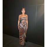 Sexy Printed Strapless Low Back Slit Lace-Up Maxi Dress