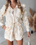 Solid Flower Decor Long Sleeve Shirt Shorts Two Piece Set