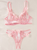 See-Through Pink Flower Sexy Mesh Lingerie Set