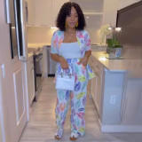 Casual Leaf Print Short-Sleeved Shirt Wide Leg Pants 2 Piece Set