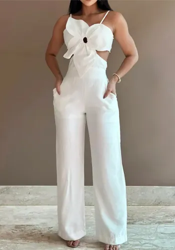 White Flower Decor Strap Jumpsuit