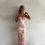 Fashion Floral Print Sexy Low Back Strap Maxi Dress