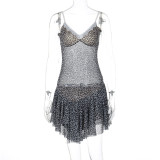 Leopard V-neck Mesh Patchwork Lace Trim Ruffle Cami Dress